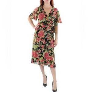 Ralph Lauren Pink and Green V-Neck Flutter Sleeve Faux Wrap Floral Midi Dress